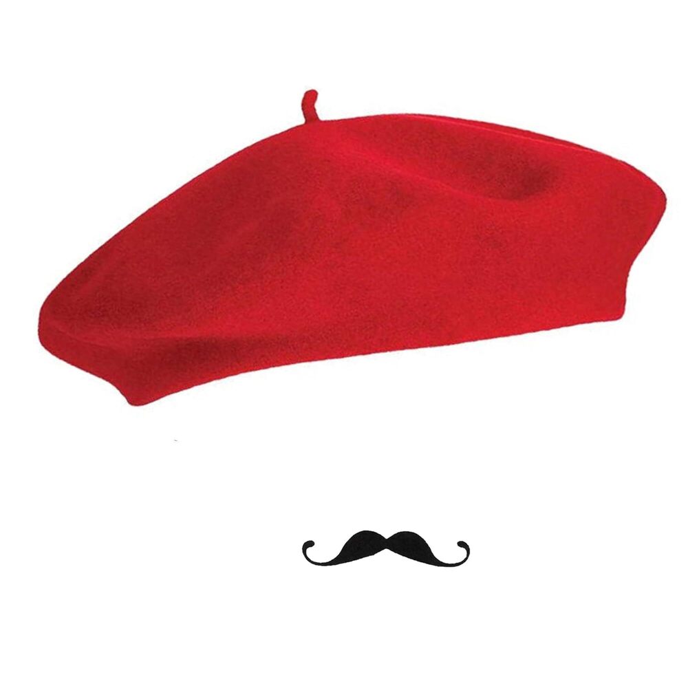 4412 Frenchman Beret Women Men, Mustache Halloween Mime Costume Accessory